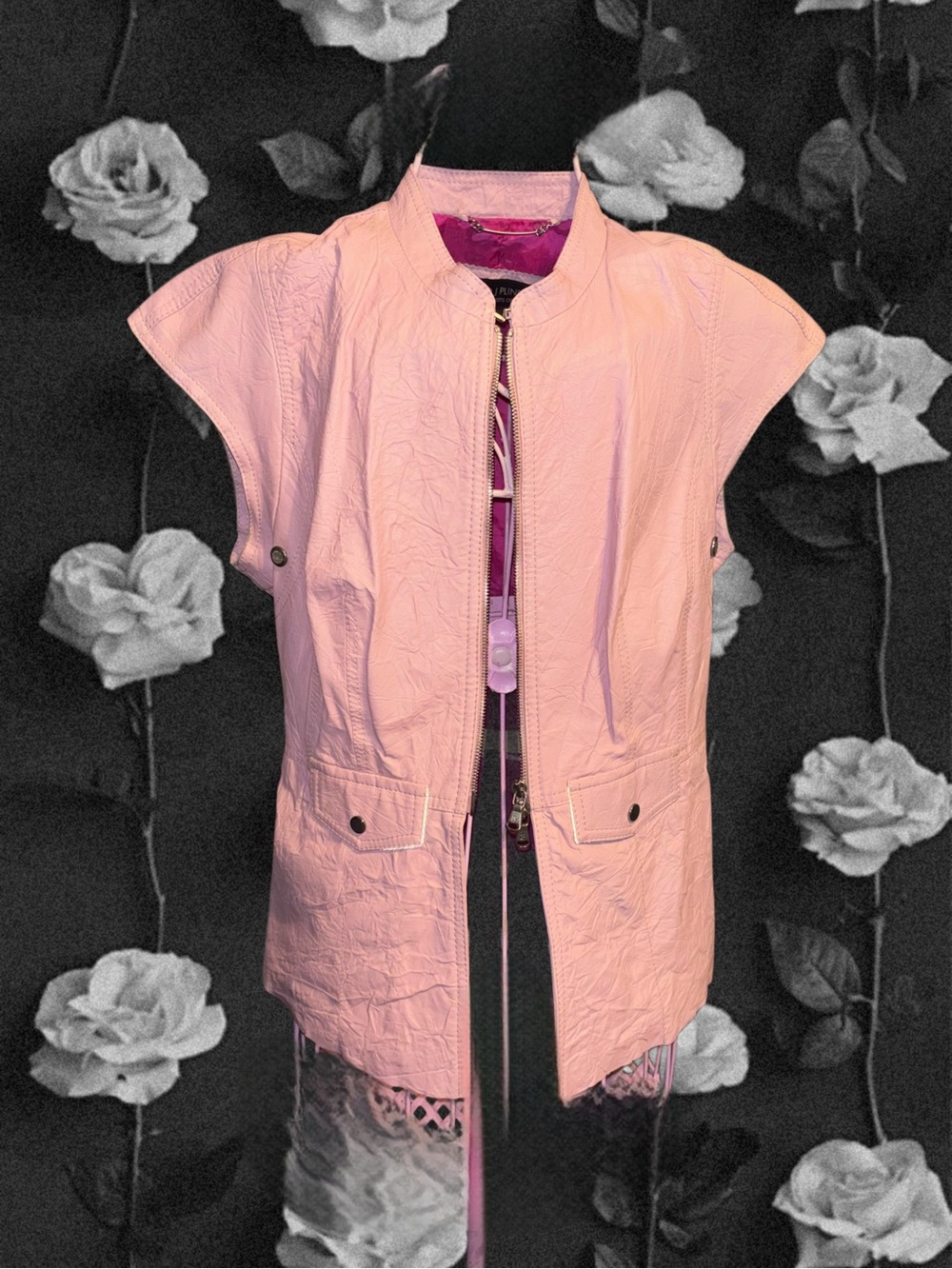 Donald J. Pliner  Pink Leather Short-Sleeve Zip Vest